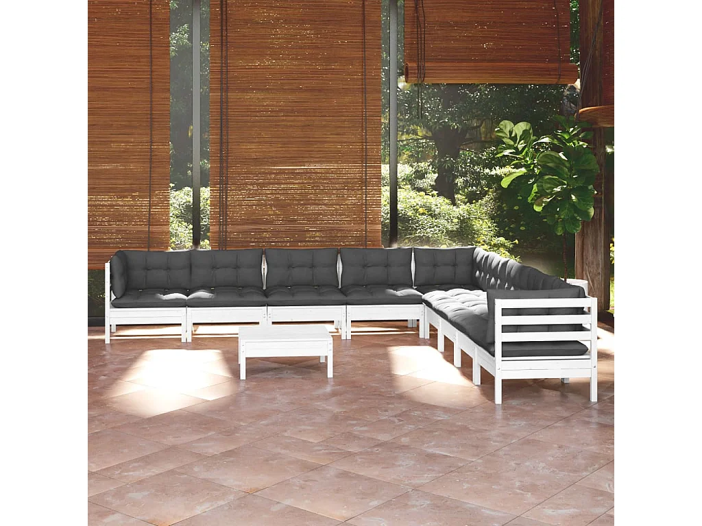 10 pcs conj. lounge de jardim c/ almofadões pinho maciço branco