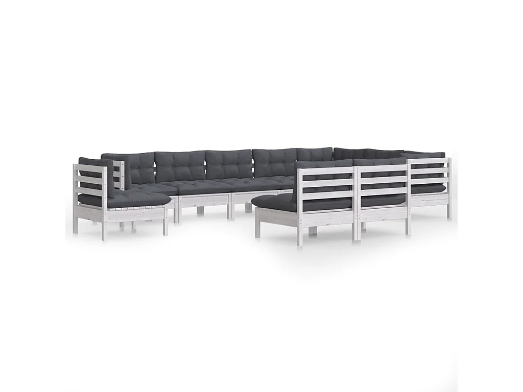10 pcs conj. lounge de jardim c/ almofadões pinho maciço branco