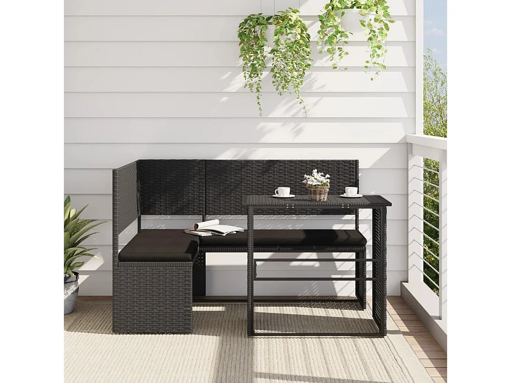 Garden Furniture - Gartensofa in L-Form mit Tisch und Kissen Schwarz Poly Rattan