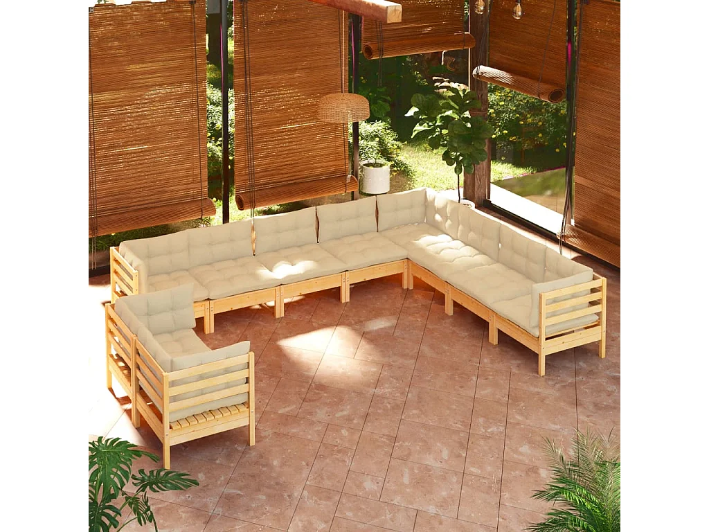 10 pcs conjunto lounge jardim c/ almofadões creme pinho maciço