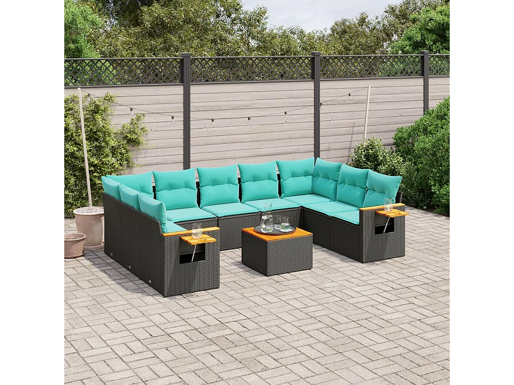 Garden Furniture - 10-tlg. Garten-Sofagarnitur mit Kissen Schwarz Poly Rattan