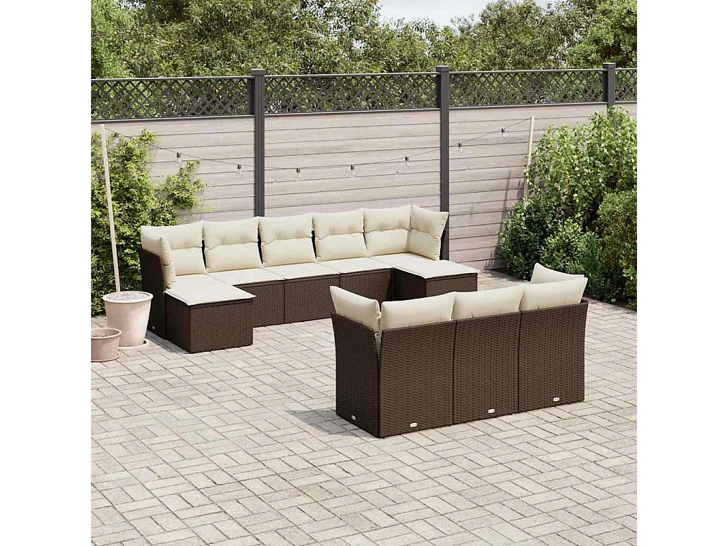 Garden Furniture - Salon de jardin 10 pcs avec coussins marron résine tressée