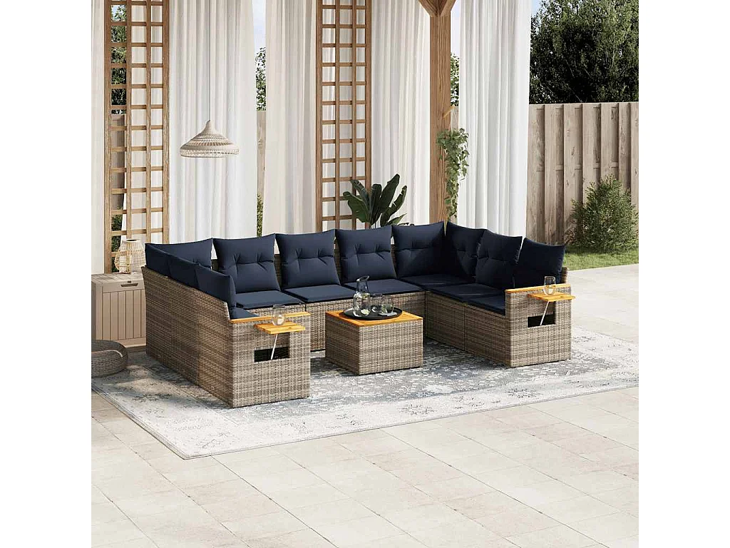 Garden Furniture - 10-tlg. Garten-Sofagarnitur mit Kissen Grau Poly Rattan