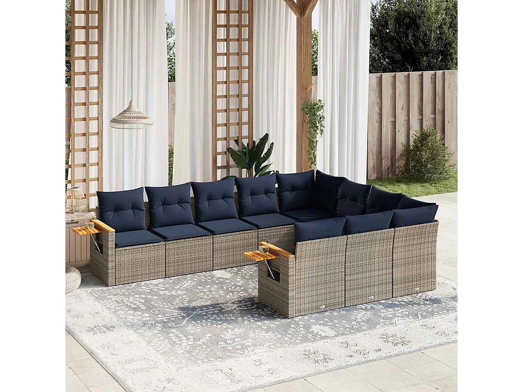Garden Furniture - 10-tlg. Garten-Sofagarnitur mit Kissen Grau Poly Rattan