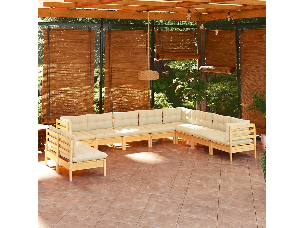 10 pcs conjunto lounge jardim c/ almofadões creme pinho maciço