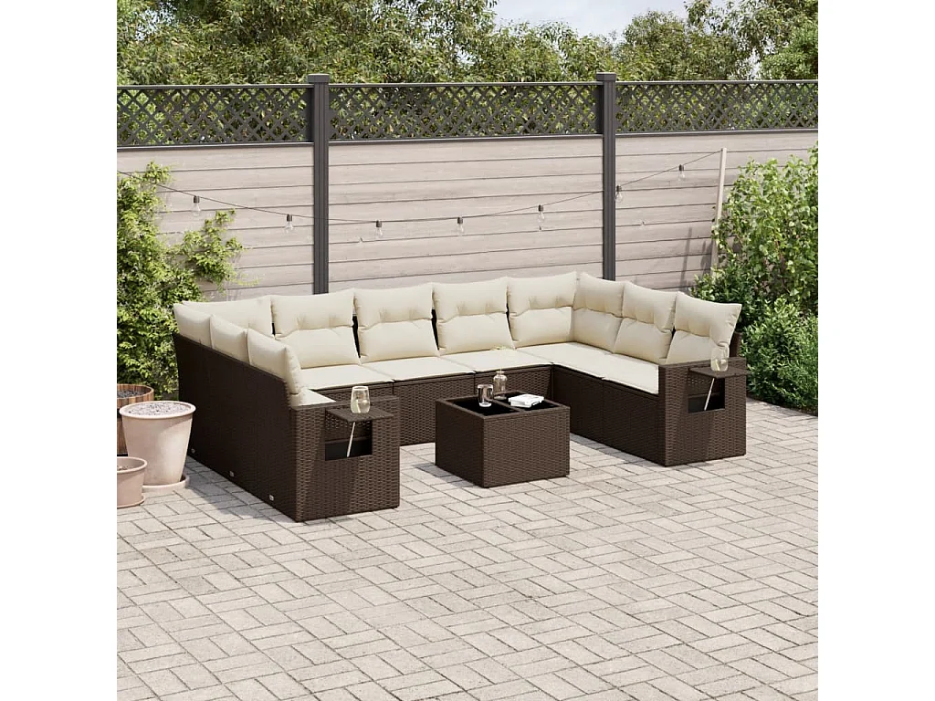 Garden Furniture - Salon de jardin 10 pcs avec coussins marron résine tressée