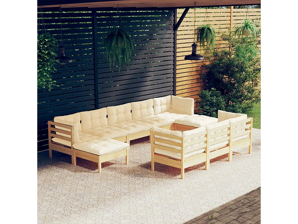10 pcs conjunto lounge jardim c/ almofadões creme pinho maciço