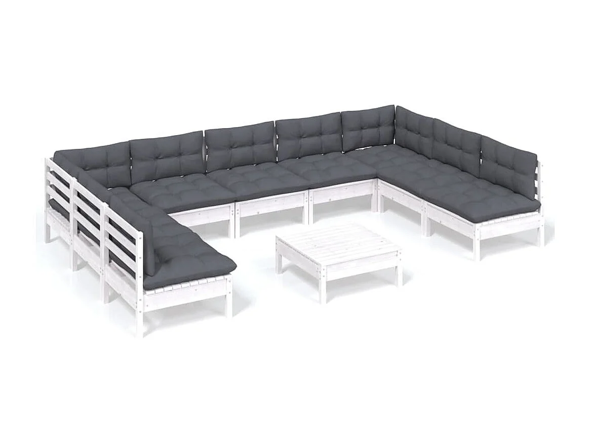 10 pcs conj. lounge de jardim c/ almofadões pinho maciço branco