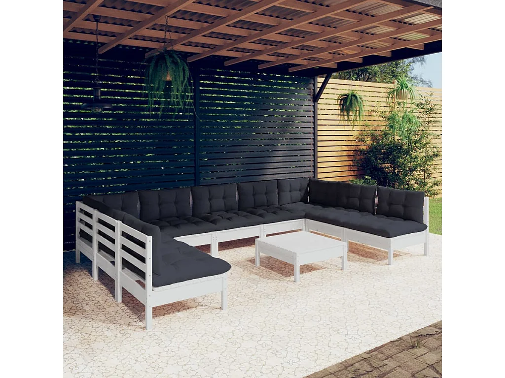 10 pcs conj. lounge de jardim c/ almofadões pinho maciço branco