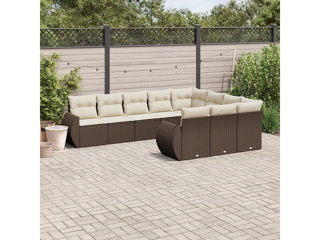10 pcs conj. sofás jardim com almofadões vime PE castanho