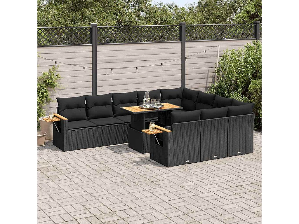 Garden Furniture - 11-tlg. Garten-Sofagarnitur mit Kissen Schwarz Poly Rattan