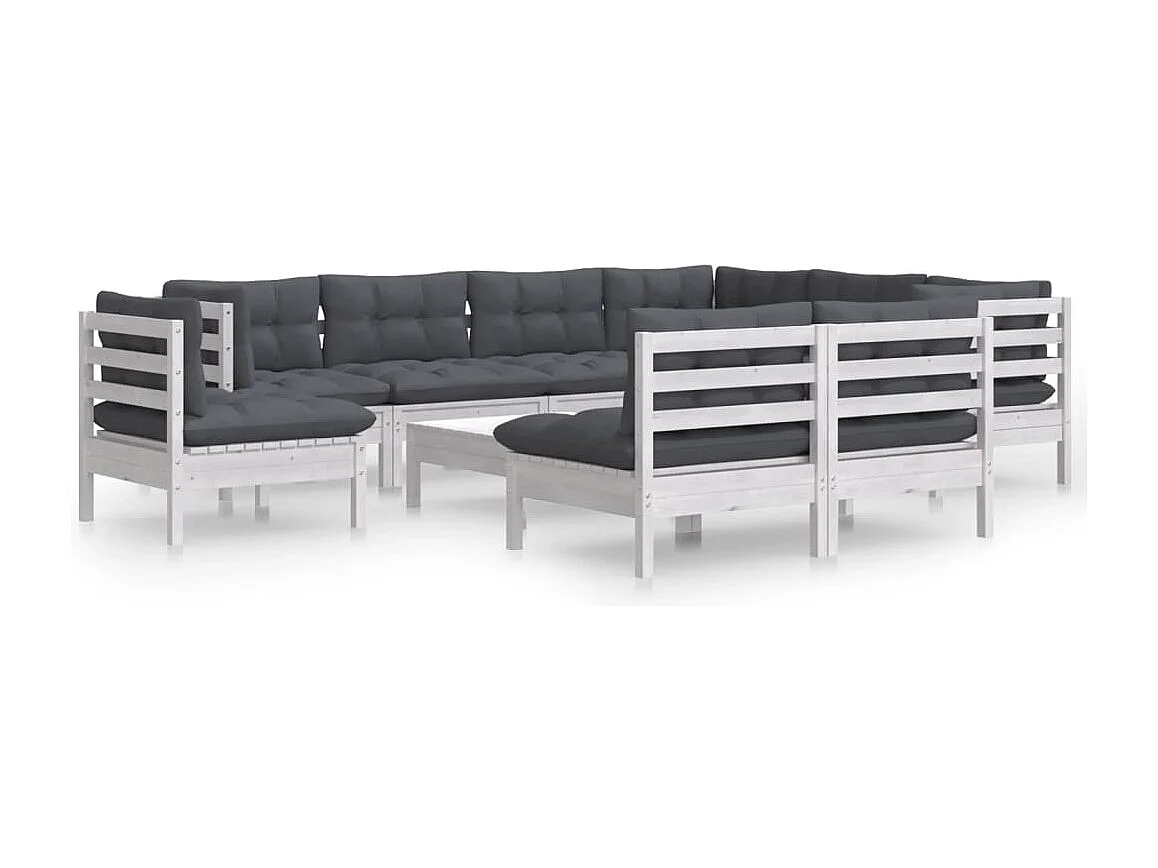 10 pcs conj. lounge de jardim c/ almofadões pinho maciço branco