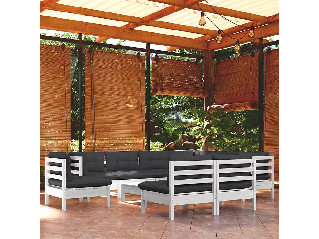 10 pcs conj. lounge de jardim c/ almofadões pinho maciço branco