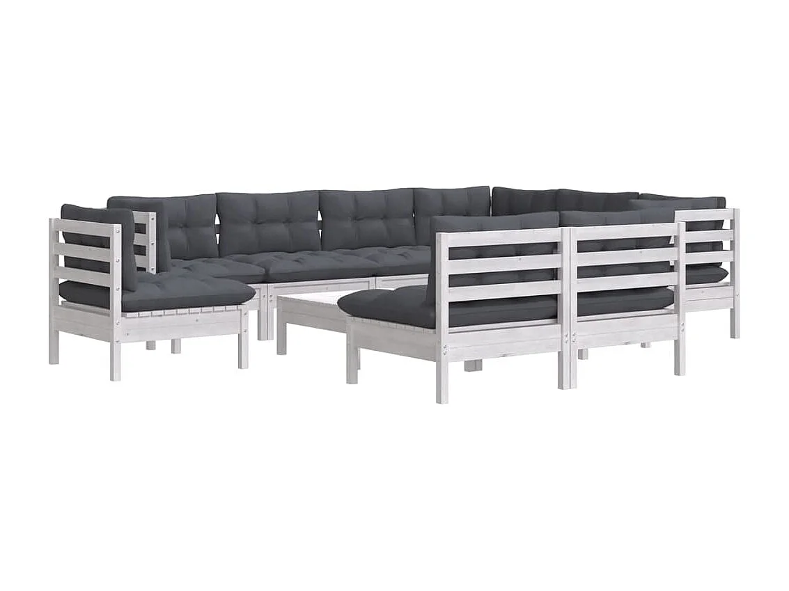 10 pcs conj. lounge de jardim c/ almofadões pinho maciço branco