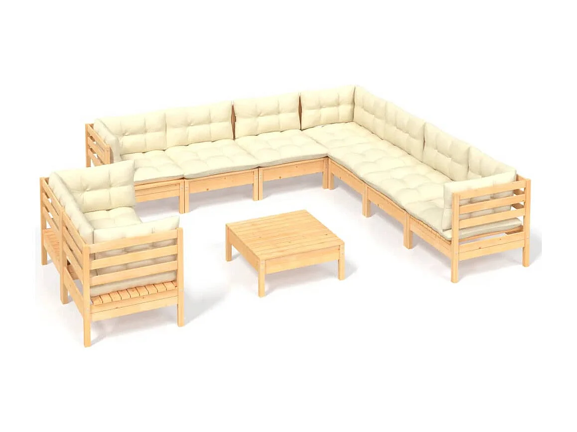10 pcs conjunto lounge jardim c/ almofadões creme pinho maciço