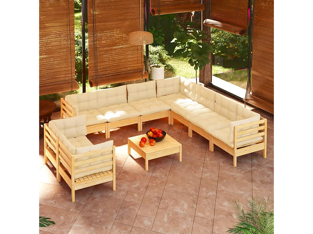 10 pcs conjunto lounge jardim c/ almofadões creme pinho maciço