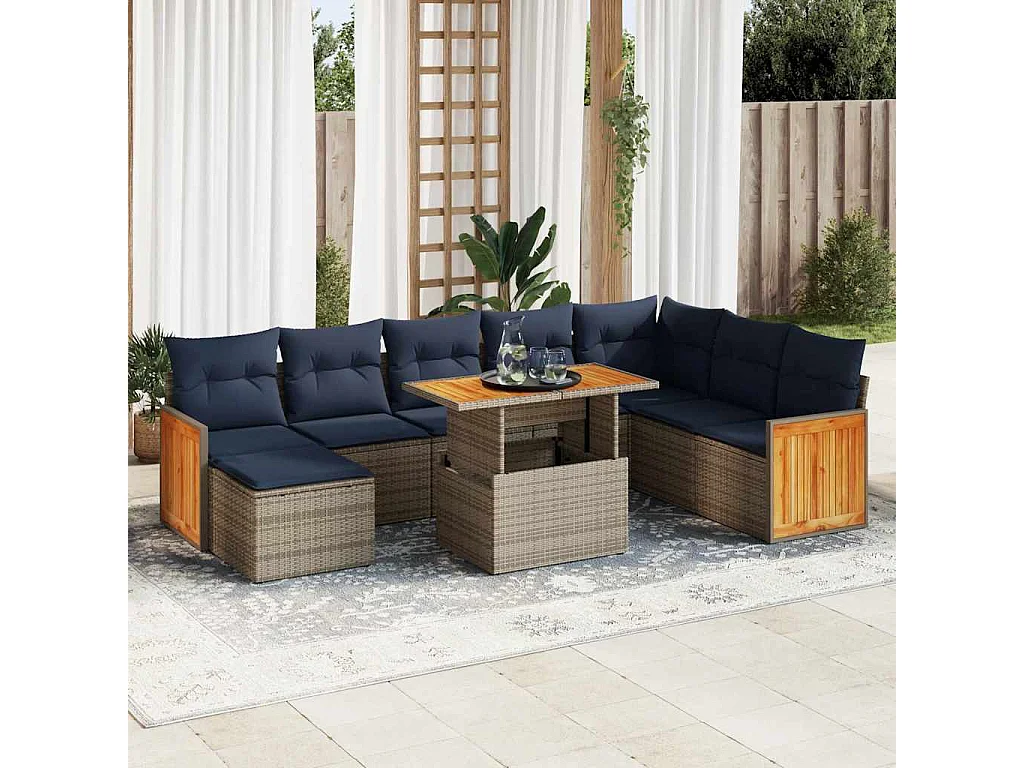 Garden Furniture - 11-tlg. Garten-Sofagarnitur mit Kissen Grau Poly Rattan Akazie