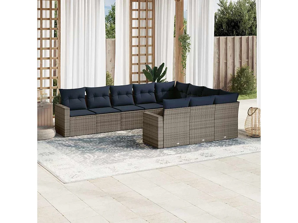 Garden Furniture - 10-tlg. Garten-Sofagarnitur mit Kissen Grau Poly Rattan