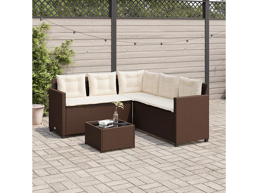 Sofá de jardim forma de L c/ mesa e almofadões vime PE castanho