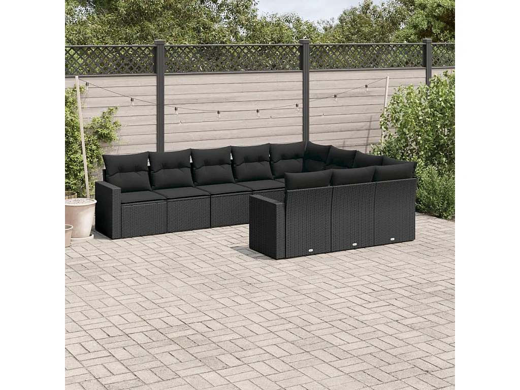 Garden Furniture - Set Divani da Giardino 10pz con Cuscini in Polyrattan Nero