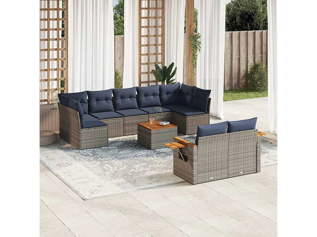 Garden Furniture - 10-tlg. Garten-Sofagarnitur mit Kissen Grau Poly Rattan