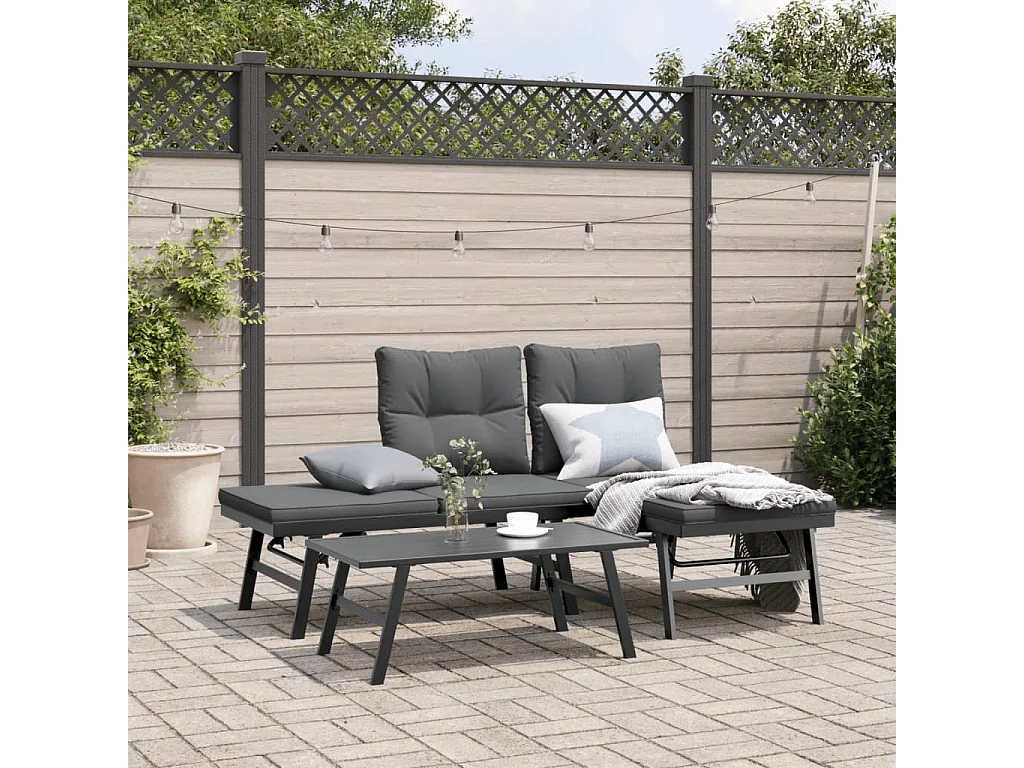 Garden Furniture - 3-tlg. Garten-Sitzgruppe mit Kissen Schwarz Stahl
