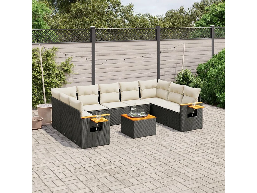 Garden Furniture - 10-tlg. Garten-Sofagarnitur mit Kissen Schwarz Poly Rattan