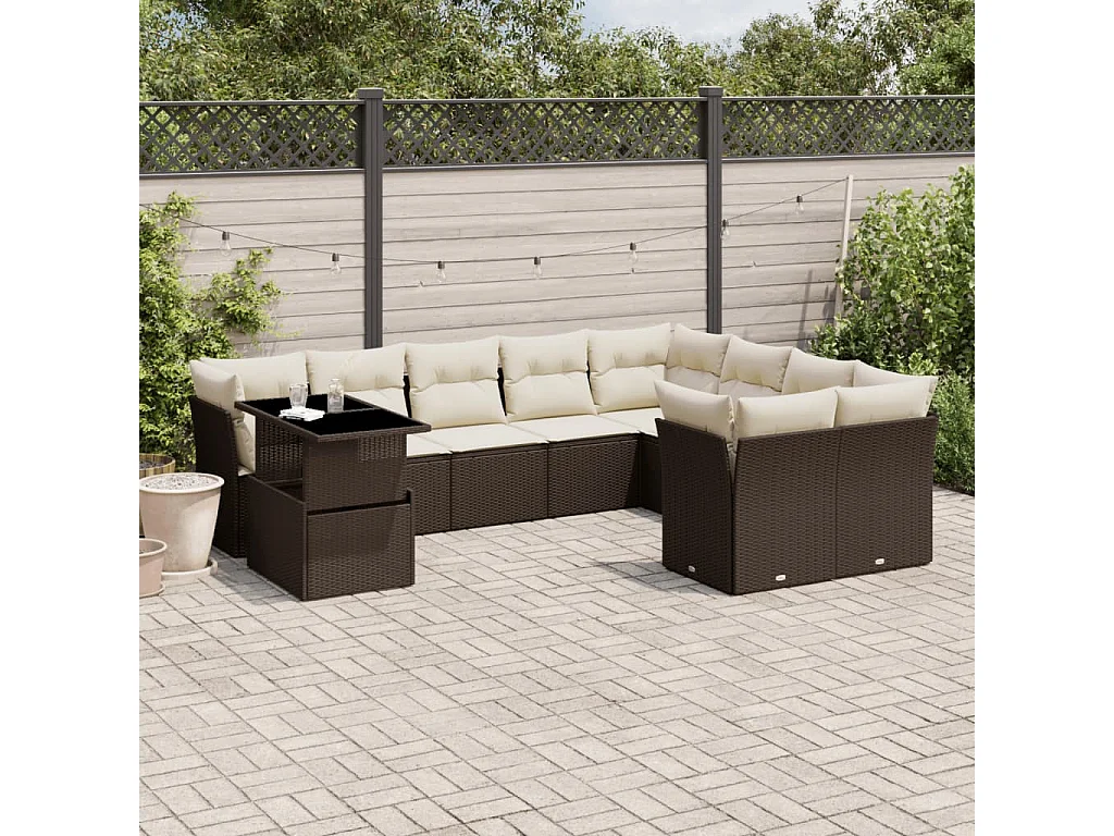 Garden Furniture - Salon de jardin 10 pcs avec coussins marron résine tressée