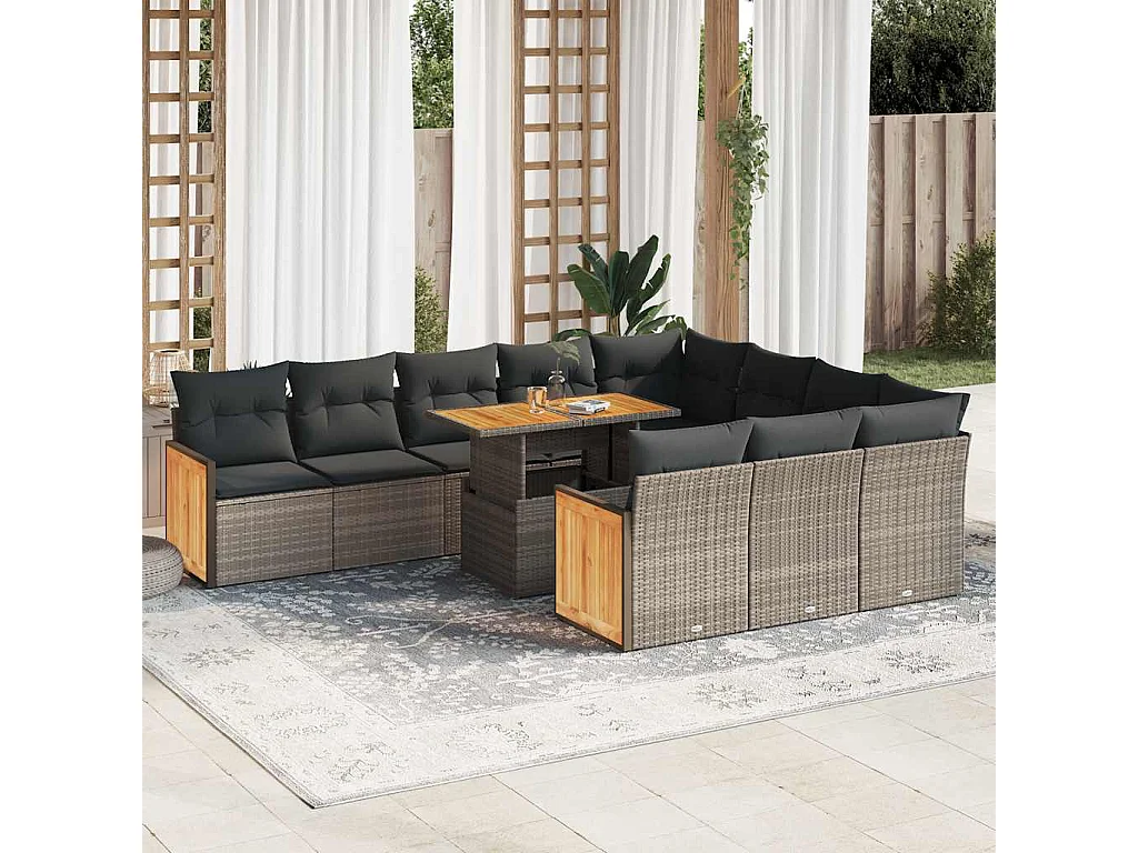 Garden Furniture - 11-tlg. Garten-Sofagarnitur mit Kissen Grau Poly Rattan Akazie