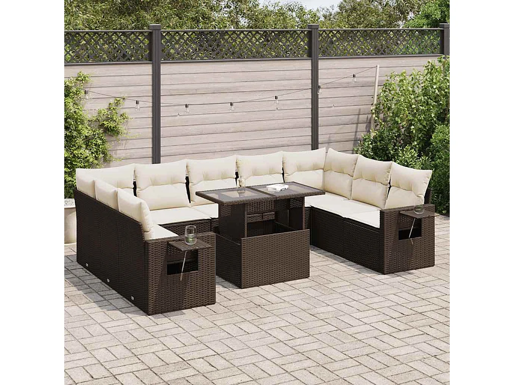 Garden Furniture - Salon de jardin 10 pcs avec coussins marron résine tressée