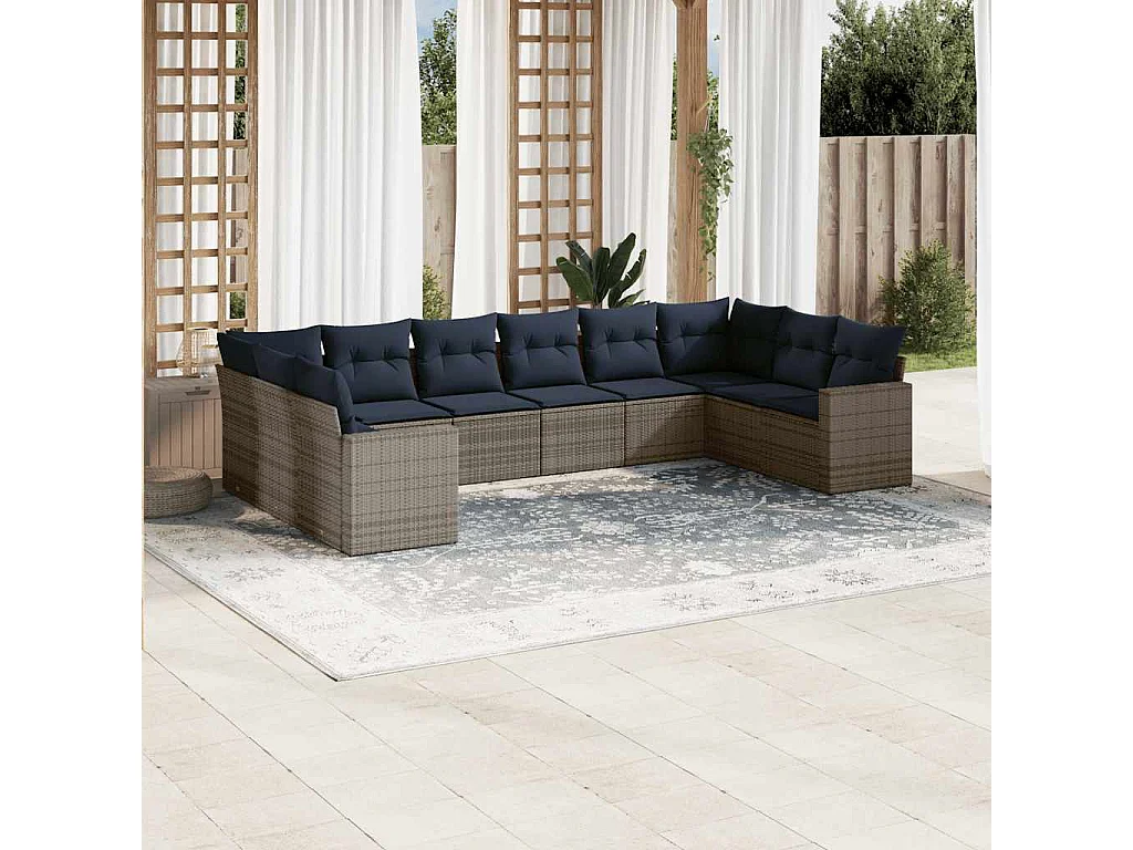 Garden Furniture - 10-tlg. Garten-Sofagarnitur mit Kissen Grau Poly Rattan