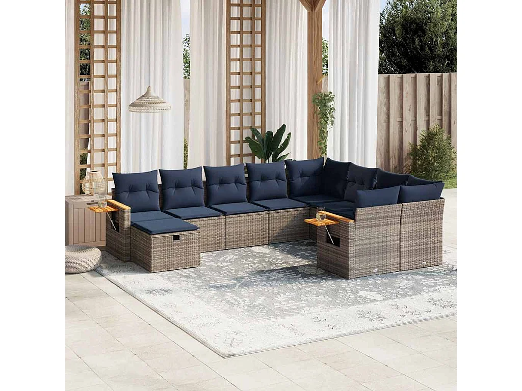 Garden Furniture - 10-tlg. Garten-Sofagarnitur mit Kissen Grau Poly Rattan