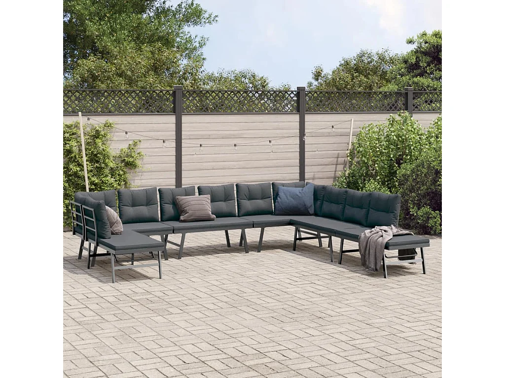 Garden Furniture - Set Panche Giardino Cuscini 7pz Nere Acciaio Verniciato Polvere
