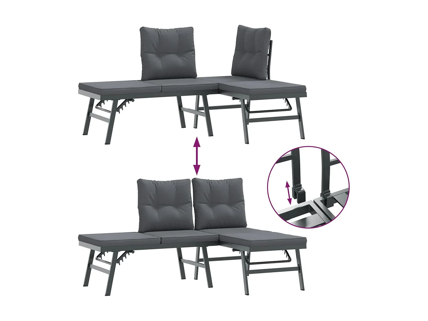 Garden Furniture - Set Panche Giardino Cuscini 7pz Nere Acciaio Verniciato Polvere
