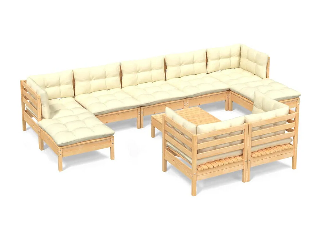 10 pcs conjunto lounge jardim c/ almofadões creme pinho maciço