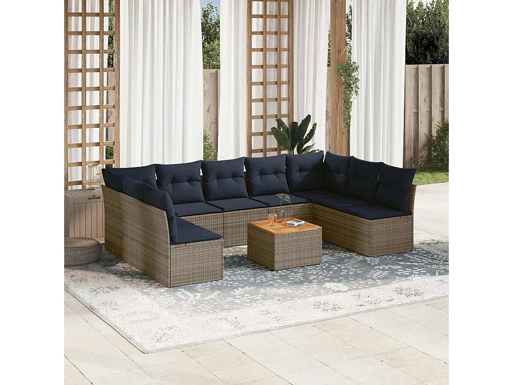 Garden Furniture - 10-tlg. Garten-Sofagarnitur mit Kissen Grau Poly Rattan