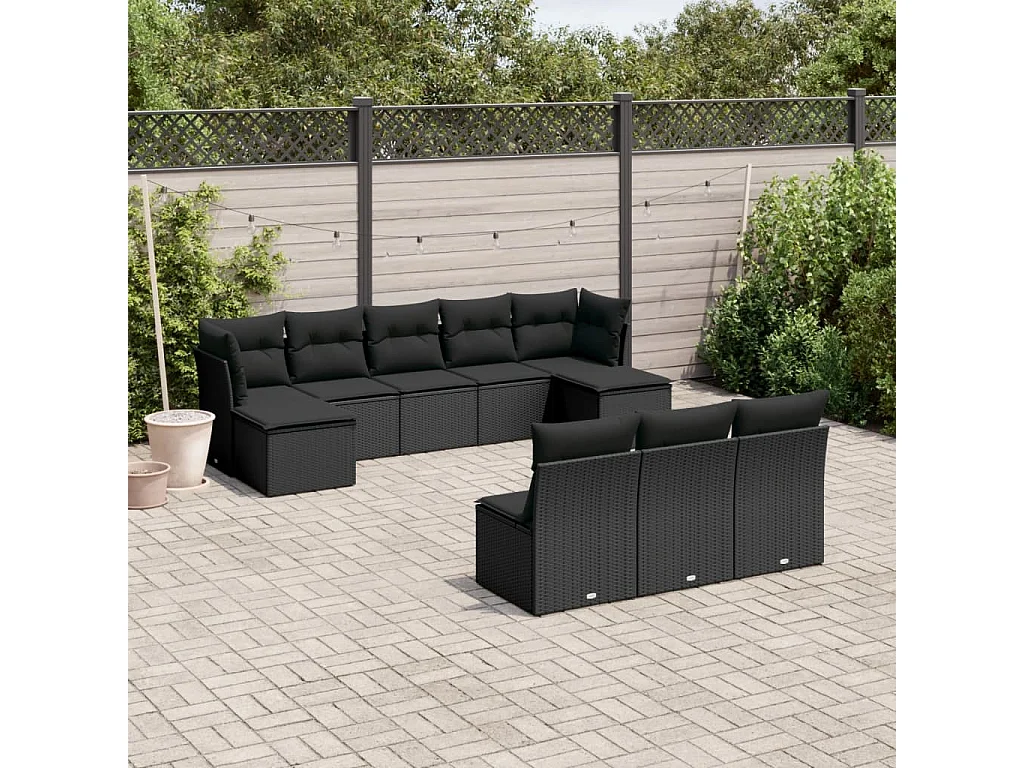 Garden Furniture - Set Divani da Giardino 10pz con Cuscini in Polyrattan Nero