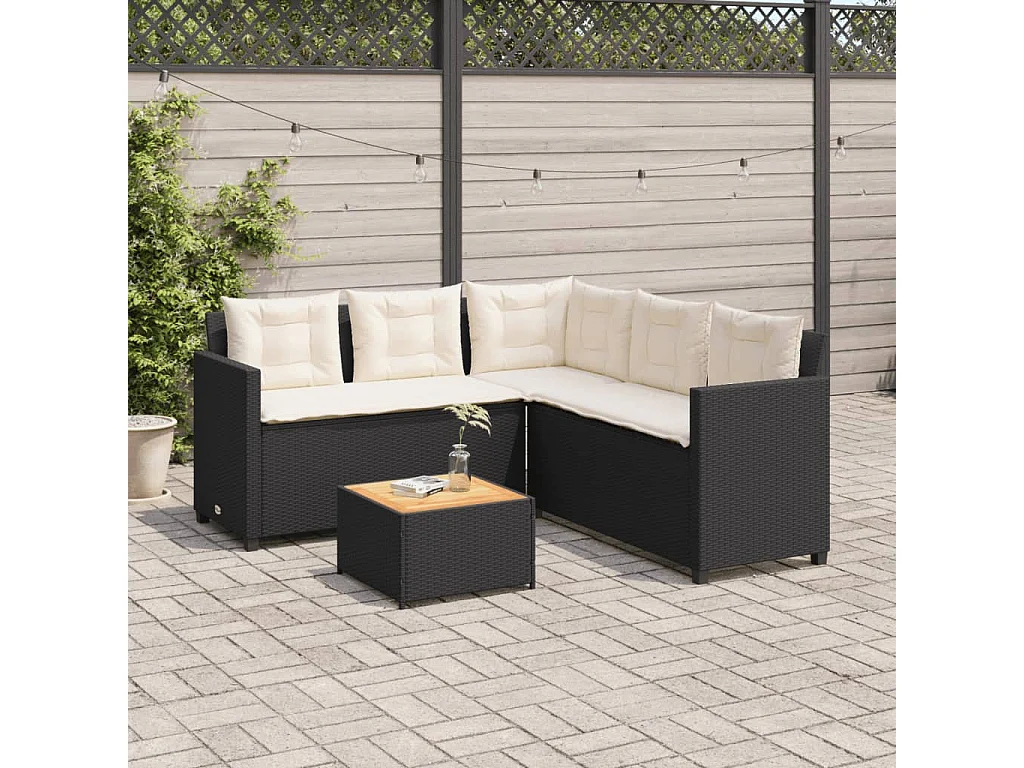 Sofá de jardim em forma de L c/ mesa e almofadões vime PE preto