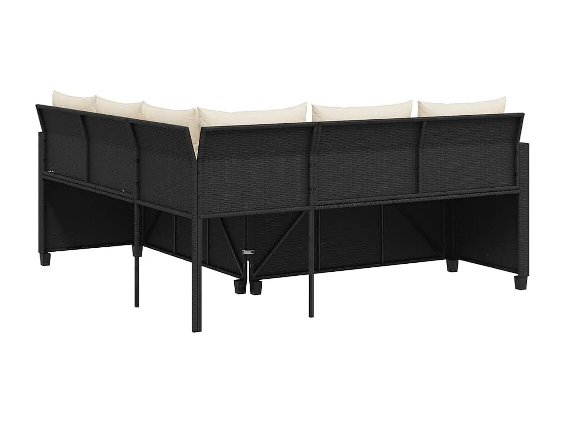 Sofá de jardim em forma de L c/ mesa e almofadões vime PE preto