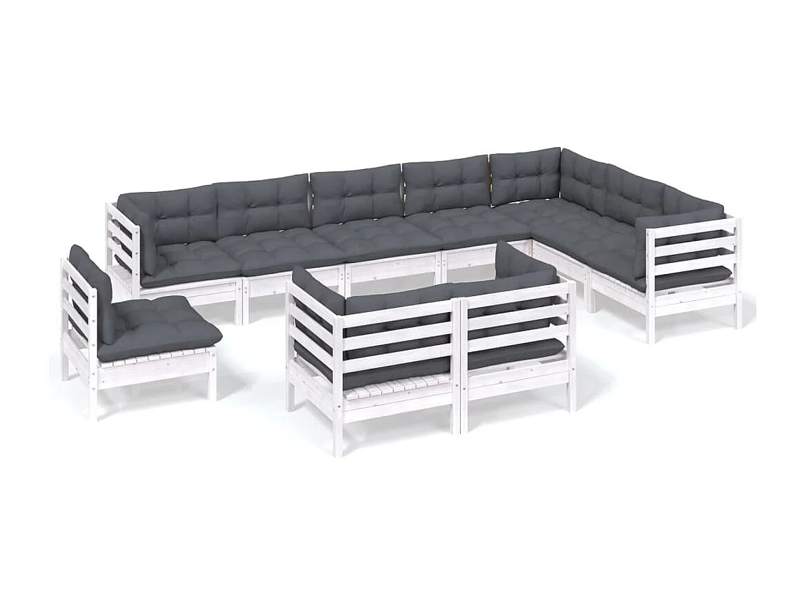 10 pcs conj. lounge de jardim c/ almofadões pinho maciço branco