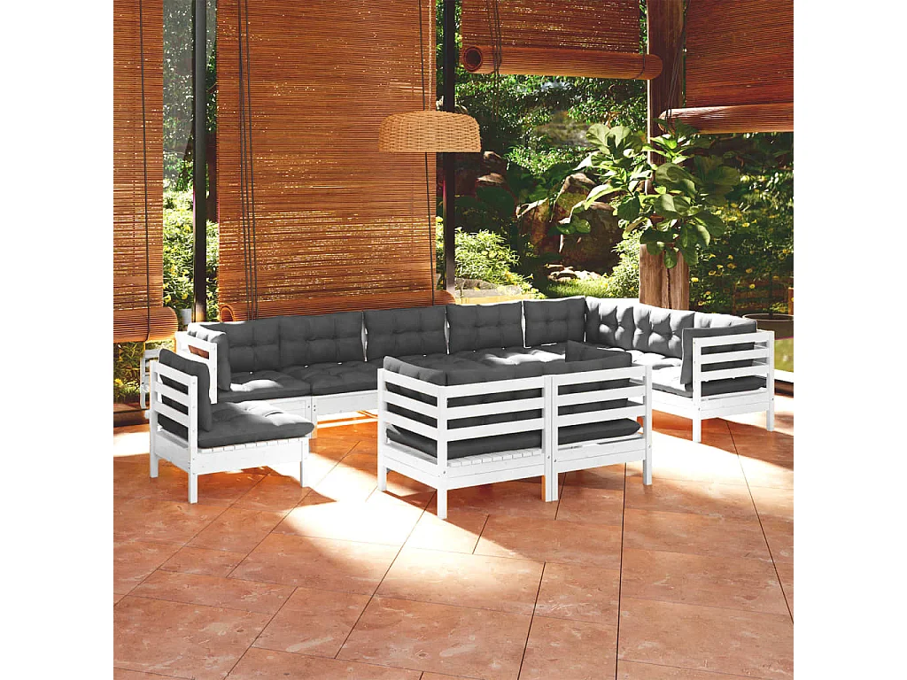 10 pcs conj. lounge de jardim c/ almofadões pinho maciço branco