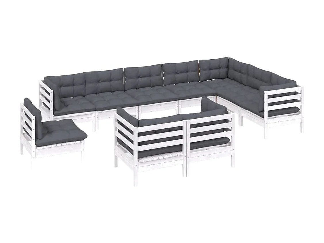 10 pcs conj. lounge de jardim c/ almofadões pinho maciço branco