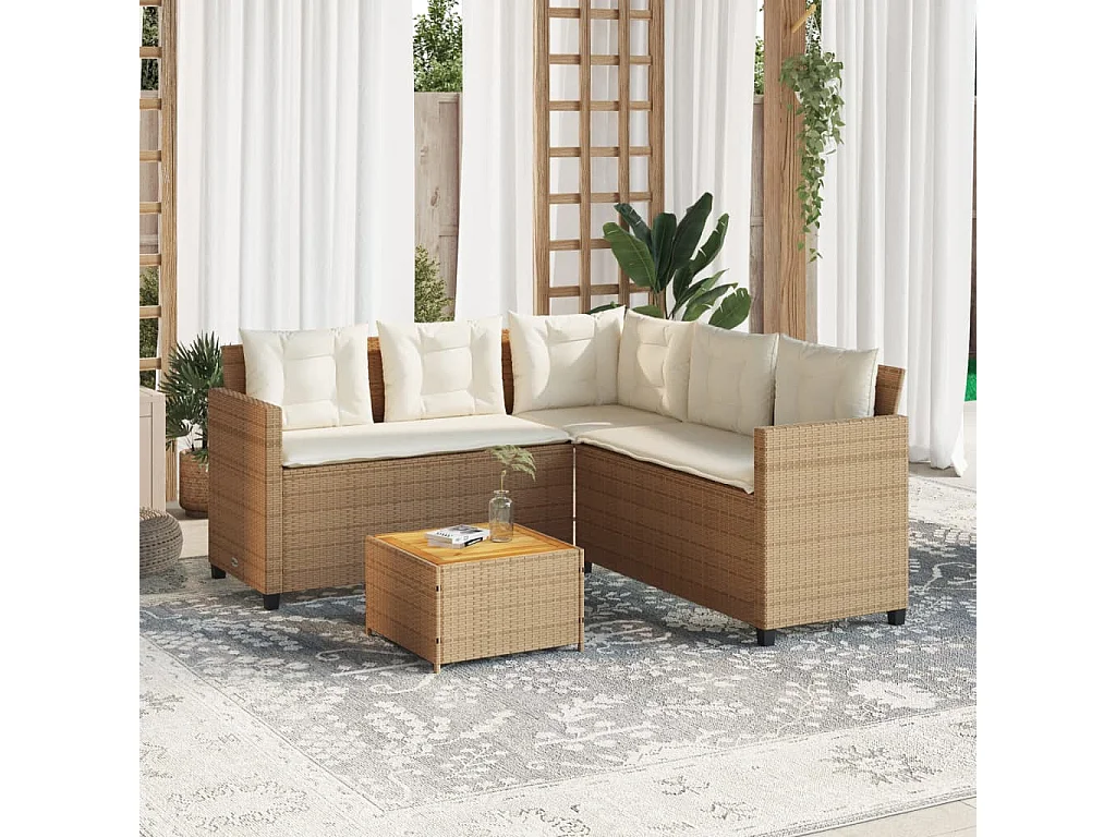 Sofá de jardim forma de L c/ mesa e almofadões vime PE bege