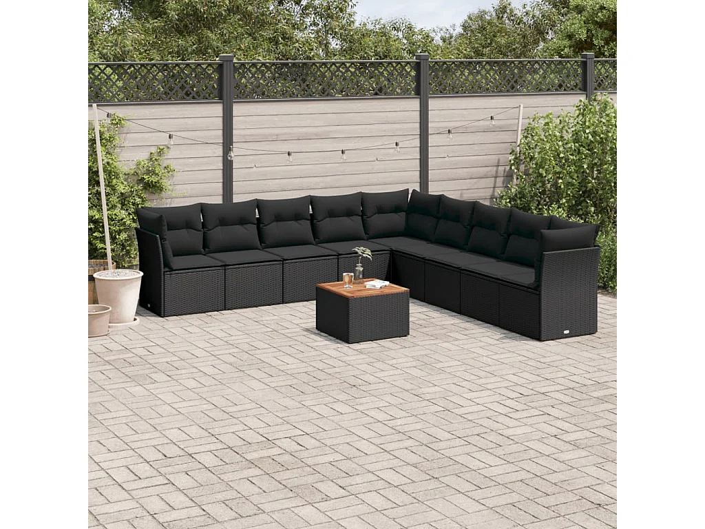 Garden Furniture - Set Divani da Giardino 10pz con Cuscini in Polyrattan Nero
