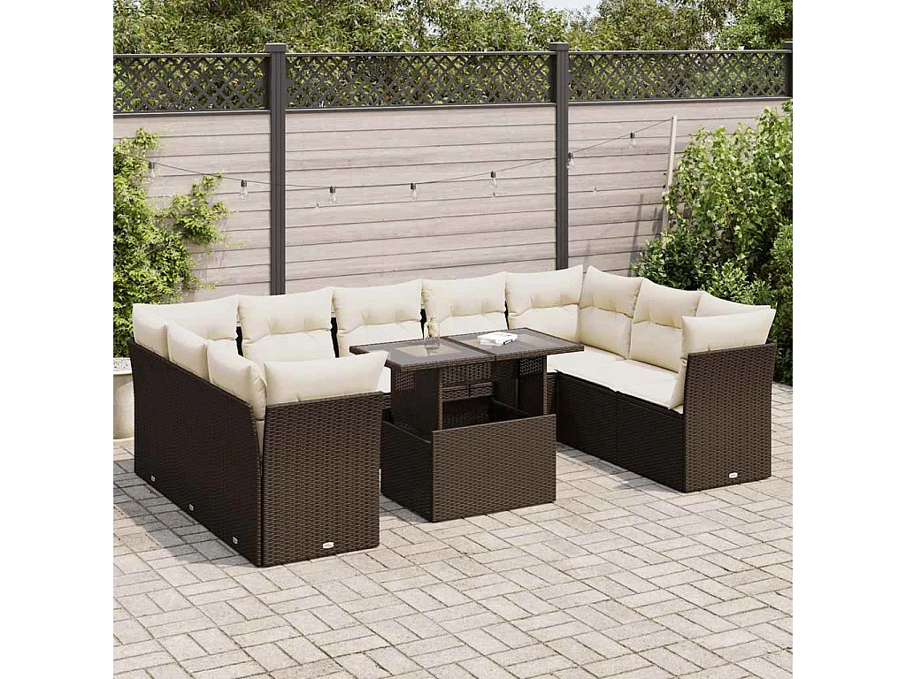 Garden Furniture - Salon de jardin 10 pcs avec coussins marron résine tressée