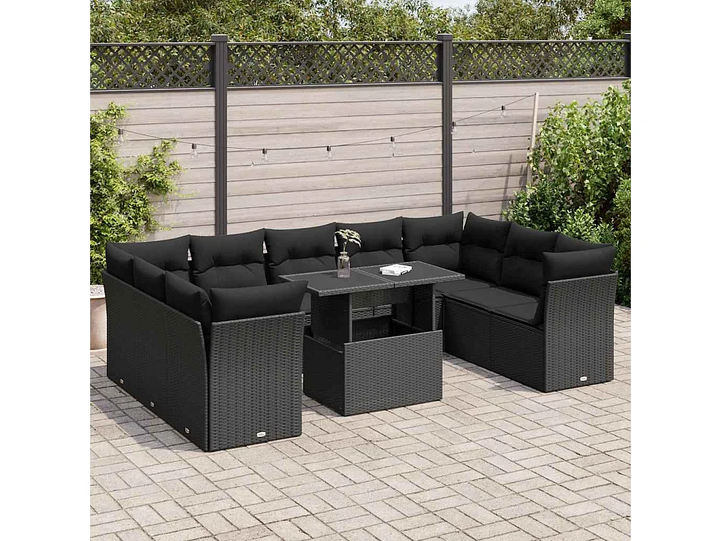 Garden Furniture - 10-delige Loungeset met kussens poly rattan zwart