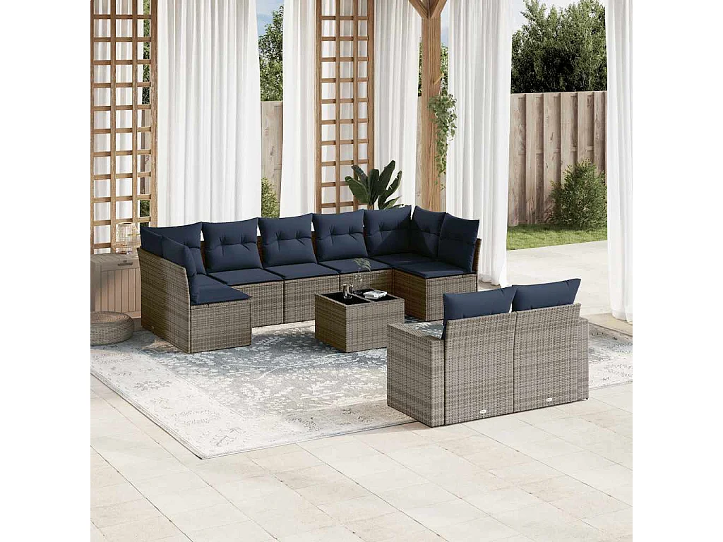 Garden Furniture - Salon de jardin 10 pcs avec coussins gris résine tressée