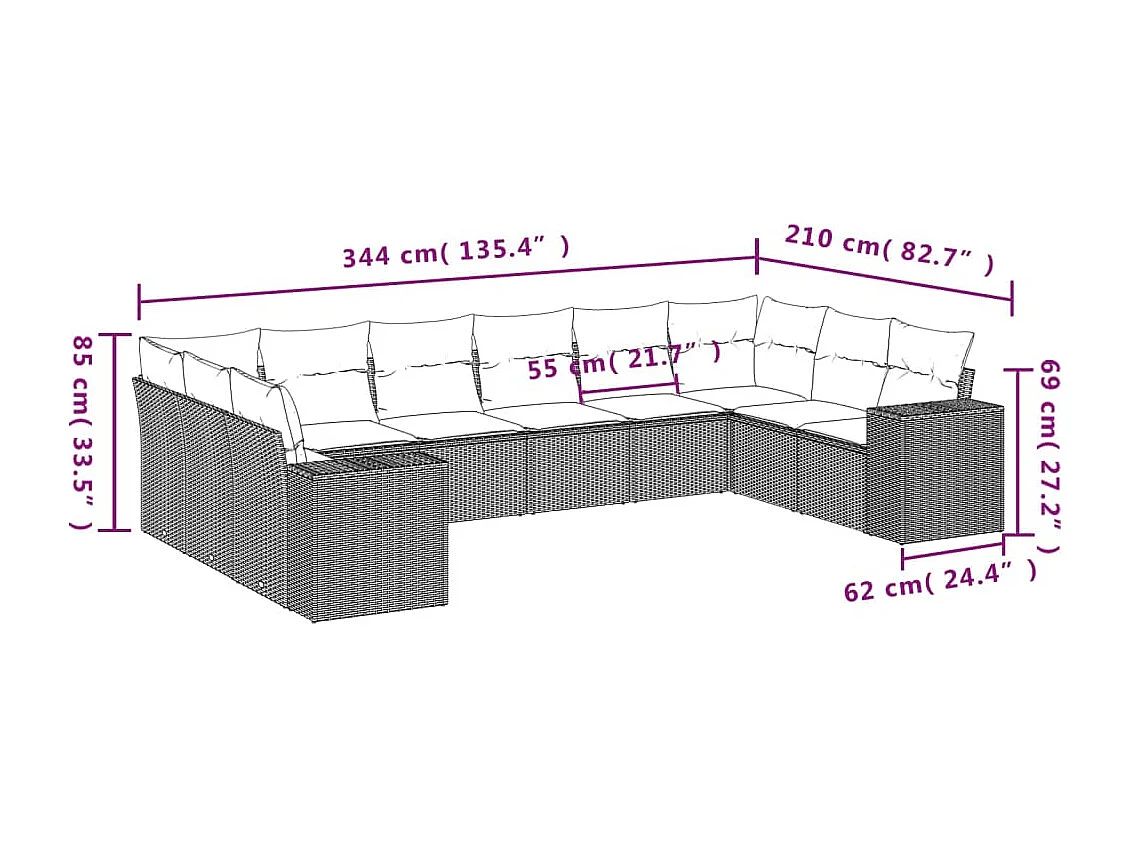 10 pcs conjunto sofás de jardim c/ almofadões vime PE preto