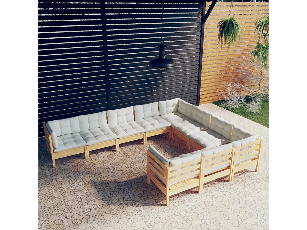 10 pcs conjunto lounge de jardim c/ almofadões cor creme pinho