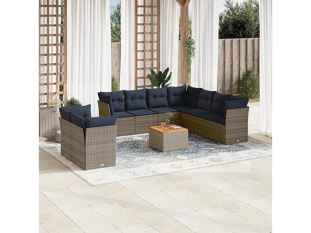 Garden Furniture - 10-tlg. Garten-Sofagarnitur mit Kissen Grau Poly Rattan